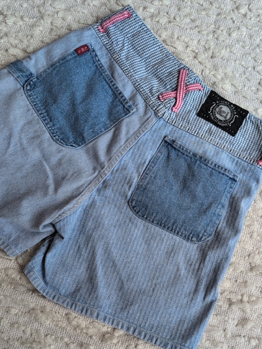 LEI High Waist 90s Denim Mom Shorts Pink Gingham Railroad Stripe No Waistband